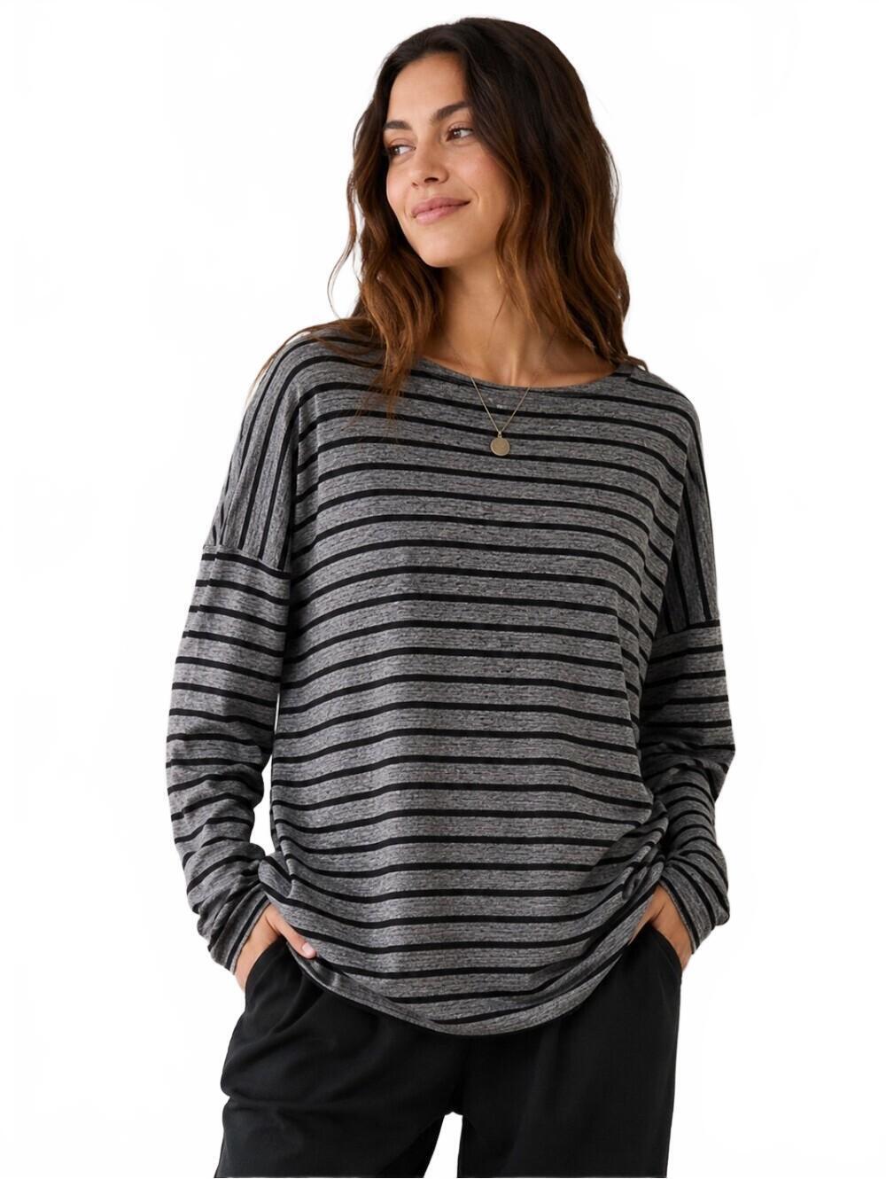 Eileen Fisher Organic Cotton Striped Oversized Long Sleeve Top Gray Black Large